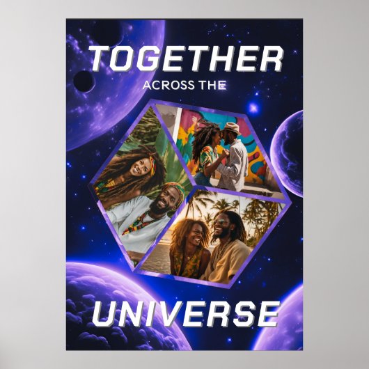 3D Fotowürfel im Weltraum mit Planeten ポスター (正面)