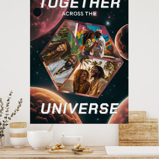 3D Fotowürfel im Weltraum mit Planeten ポスター (キッチン)