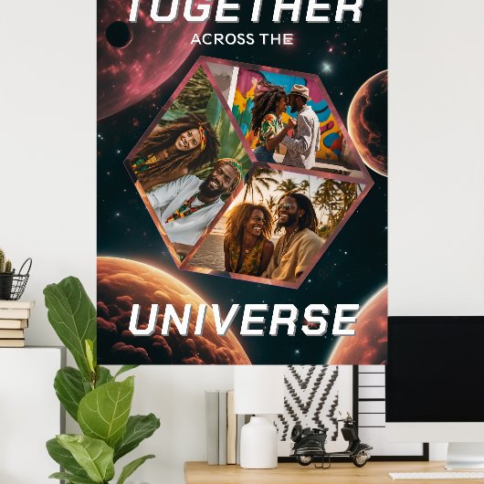 3D Fotowürfel im Weltraum mit Planeten ポスター (ホームオフィス)