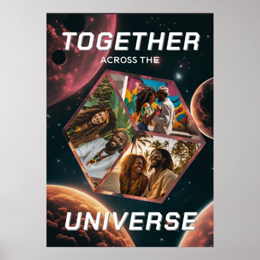 3D Fotowürfel im Weltraum mit Planeten ポスター (正面)