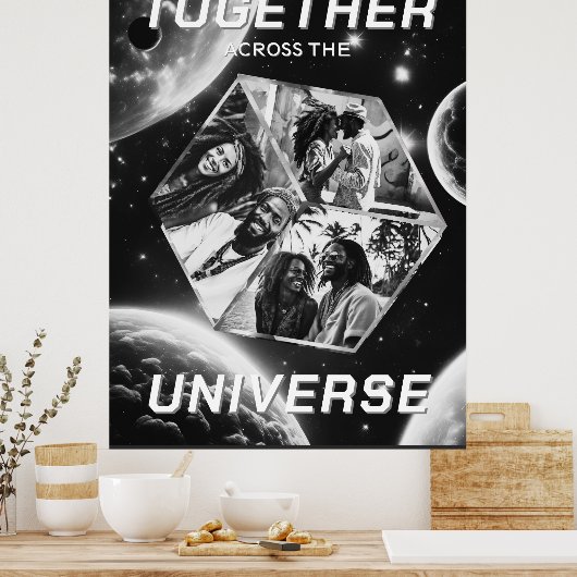 3D Fotowürfel im Weltraum mit Planeten Poster ポスター (キッチン)