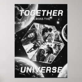 3D Fotowürfel im Weltraum mit Planeten Poster ポスター