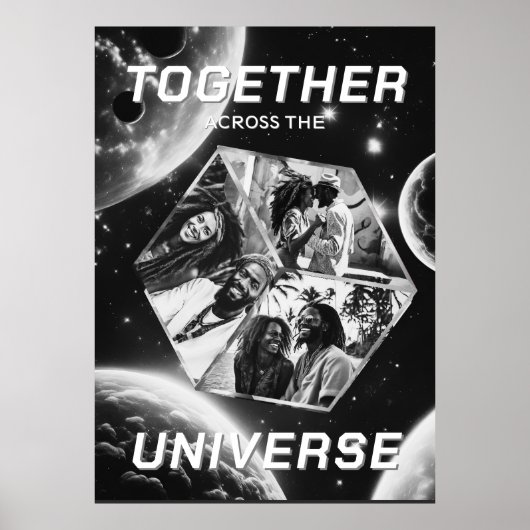 3D Fotowürfel im Weltraum mit Planeten Poster ポスター (正面)