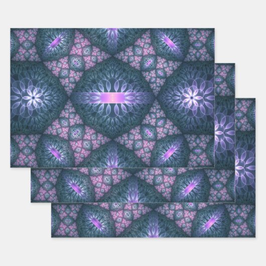 3D Fractal Art Abstract Pattern Blue Purple Pink ラッピングペーパーシート (セット)