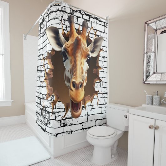 3D Giraffe Wall Break Art – Realistic Safari シャワーカーテン (インサイチュ)