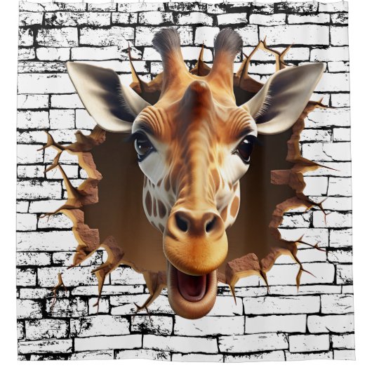 3D Giraffe Wall Break Art – Realistic Safari シャワーカーテン (正面)