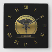 3D Gold Medical Caduceus Professional Emblem スクエア壁時計 (正面)