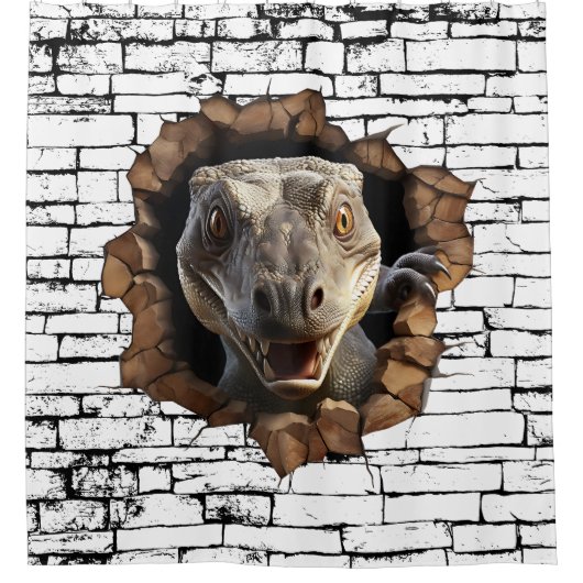 3D Iguana Wall Break Art – Realistic Safari シャワーカーテン (正面)
