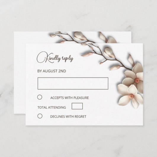 3D Ivory Magnolia Simple Wedding 出欠カード (正面/裏面)