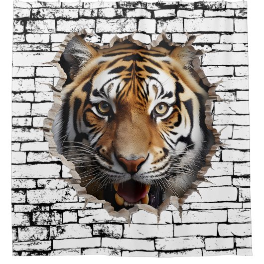 3D Jaguar Wall Break Art – Realistic Safari シャワーカーテン (正面)