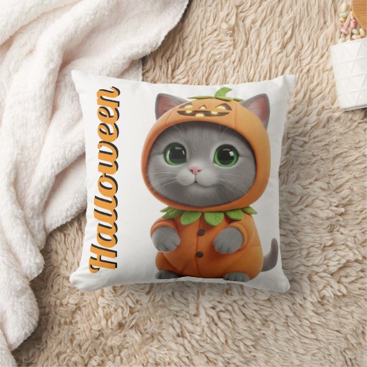 3D Kawaii Pumpkin Cat Halloween Throw Pillow クッション (ブランケット)