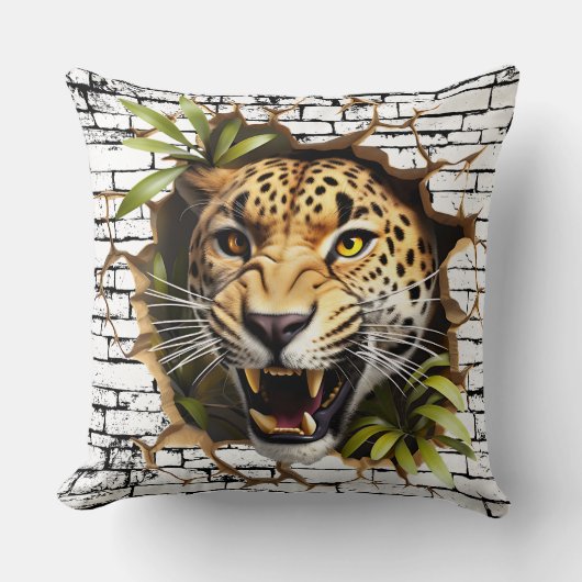 3D Leopard Wall Break Art – Realistic Safari クッション (正面)