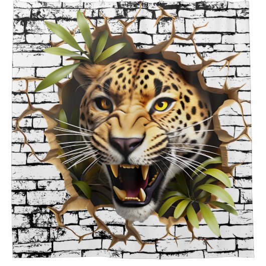 3D Leopard Wall Break Art – Realistic Safari シャワーカーテン (正面)
