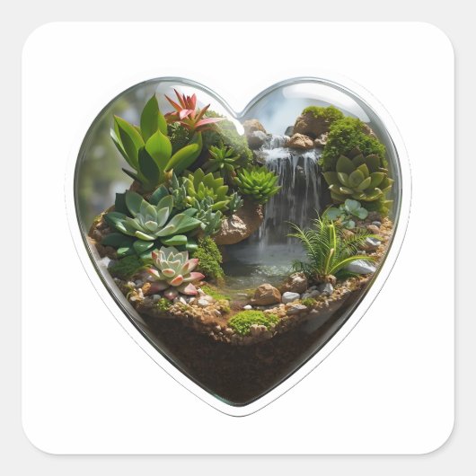 3D Nature Terrarium Heart Waterfall Sticker スクエアシール (正面)