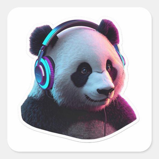 3D Neon Panda with Headphones Gaming Sticker Art スクエアシール (正面)