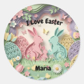3D Paper Cut Easter Bunny & Eggs Personalized ラウンドシール (正面)
