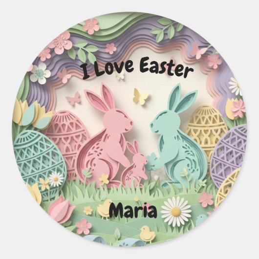 3D Paper Cut Easter Bunny & Eggs Personalized ラウンドシール (正面)