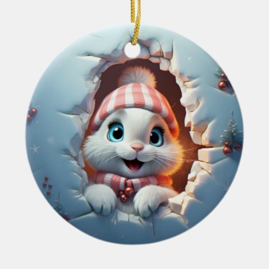 3D Personalized Christmas Bunny セラミックオーナメント (正面)