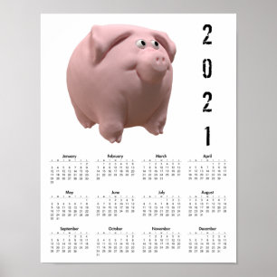 3D Pig 2白おもしろい暦ポスター2021 ポスター