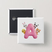 3D Pink Balloon Letter A Forest Animals Square But 缶バッジ (正面&裏面)