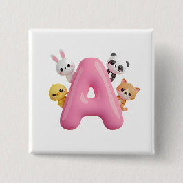3D Pink Balloon Letter A Forest Animals Square But 缶バッジ