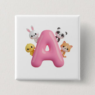 3D Pink Balloon Letter A Forest Animals Square But 缶バッジ