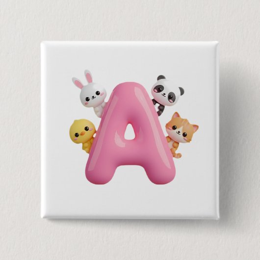 3D Pink Balloon Letter A Forest Animals Square But 缶バッジ (正面)
