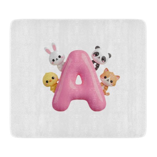 3D Pink Balloon Letter A Glass Cutting Board カッティングボード (正面)