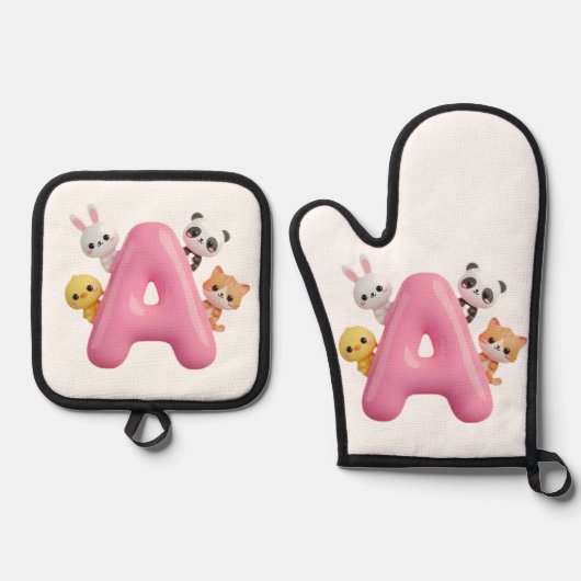 3D Pink Balloon Letter A Oven Mitt & Pot Holder 鍋つかみ&鍋敷きセット (正面)