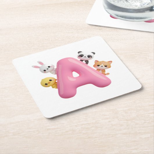 3D Pink Balloon Letter A Party Paper Coaster スクエアペーパーコースター (アングル)