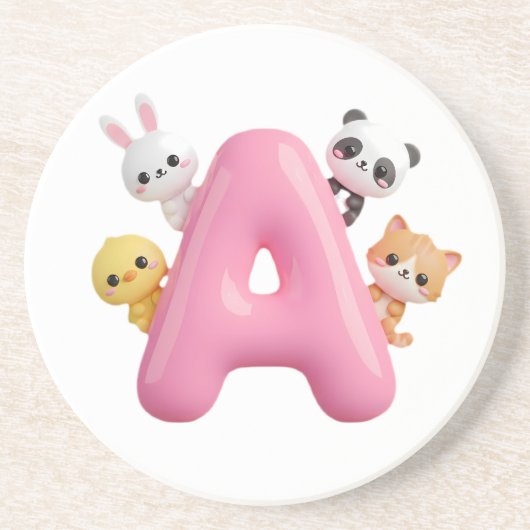 3D Pink Balloon Letter A Round Sandstone Coaster コースター (正面)
