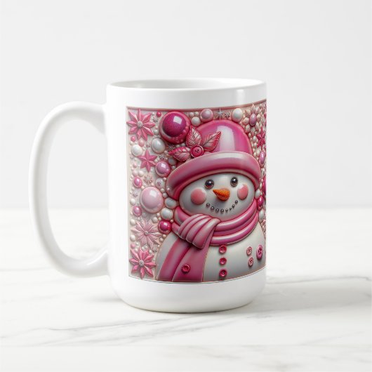 3D Pink Christmas Snowman コーヒーマグカップ (左)