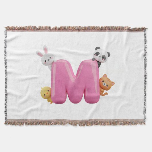 3D Pink Letter M Baby Blanket with Animals スローブランケット (正面)