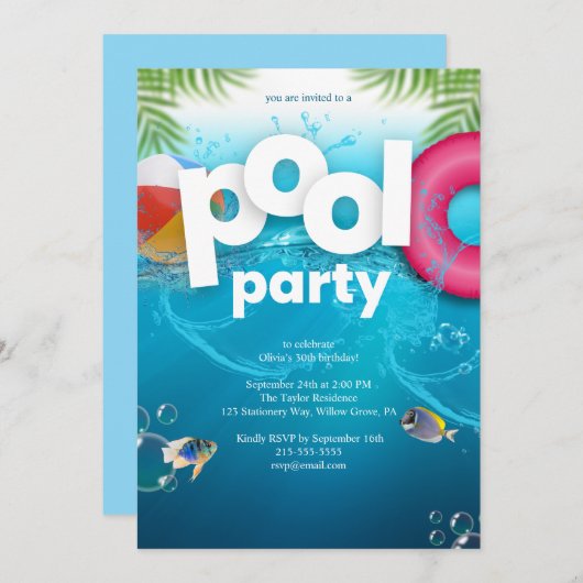 3D Pool Party Birthday Invitation 招待状 (正面/裏面)