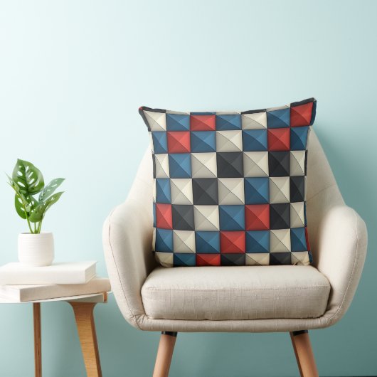 3D Pyramidal Geometric Pattern – Red, Blue & Cream クッション (椅子)