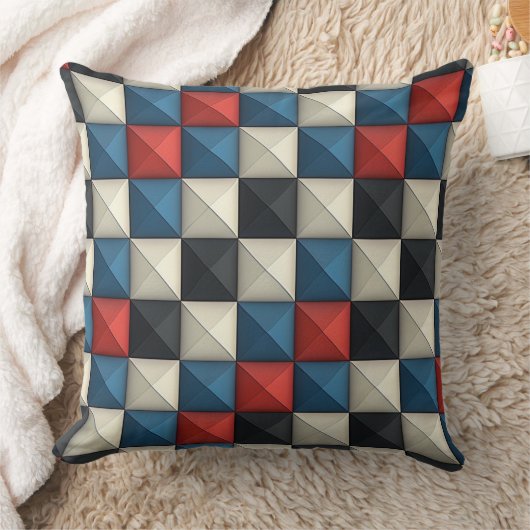 3D Pyramidal Geometric Pattern – Red, Blue & Cream クッション (ブランケット)