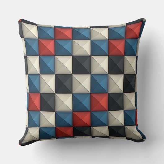 3D Pyramidal Geometric Pattern – Red, Blue & Cream クッション (裏面)
