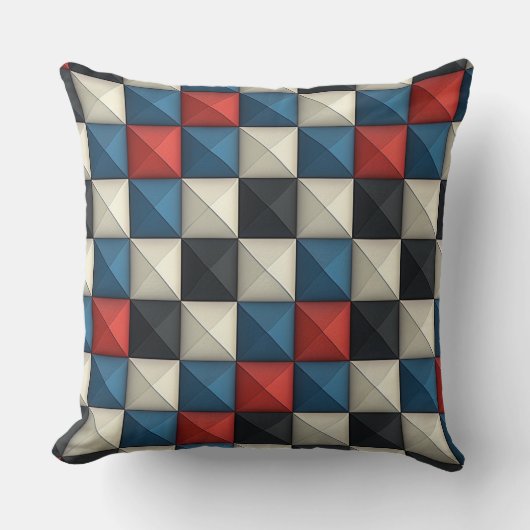 3D Pyramidal Geometric Pattern – Red, Blue & Cream クッション (正面)