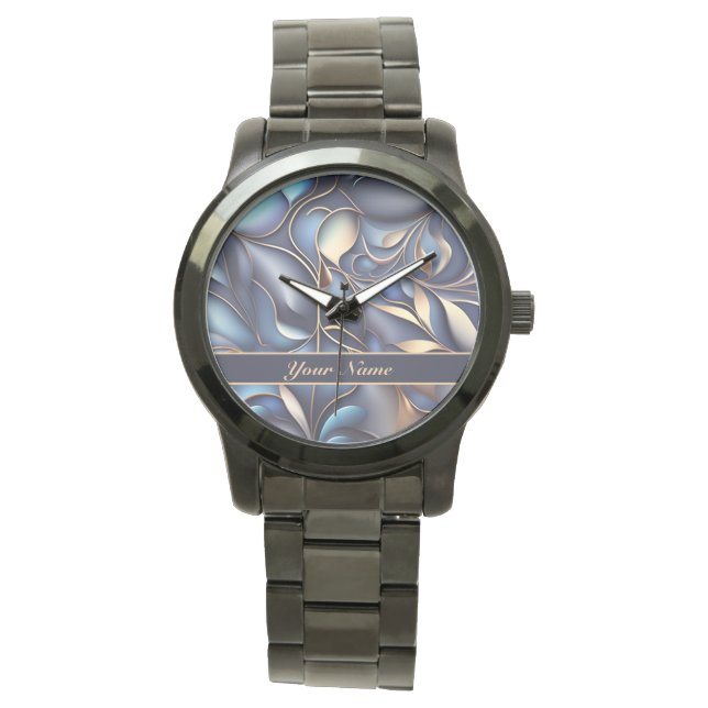 3D Ranken Muster blau goldfarben 腕時計 (正面)