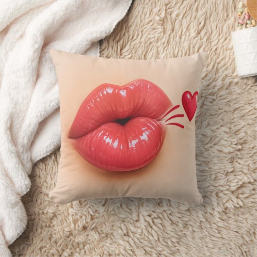 3D Red Lips & Heart Kiss Throw Pillow | Romantic V クッション (ブランケット)