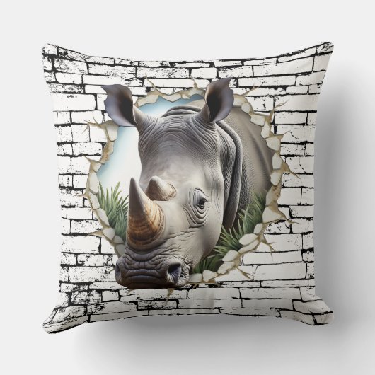 3D Rhinoceros Wall Break Art – Realistic Safari クッション (裏面)