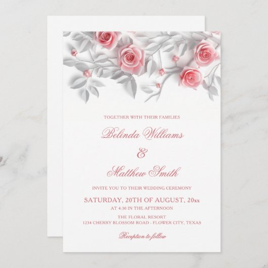  3D Roses Simple White Floral Wedding 招待状 (正面/裏面)
