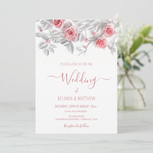 3D Roses Simple White Floral Wedding 招待状 (スタンド正面)