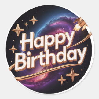 3D Space Rocket Happy Birthday Galaxy Round Sticke ラウンドシール