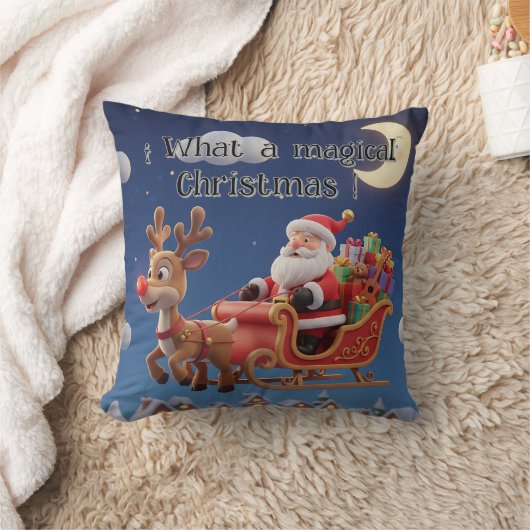 3D Style Christmas Night Sleigh Pillow クッション (ブランケット)