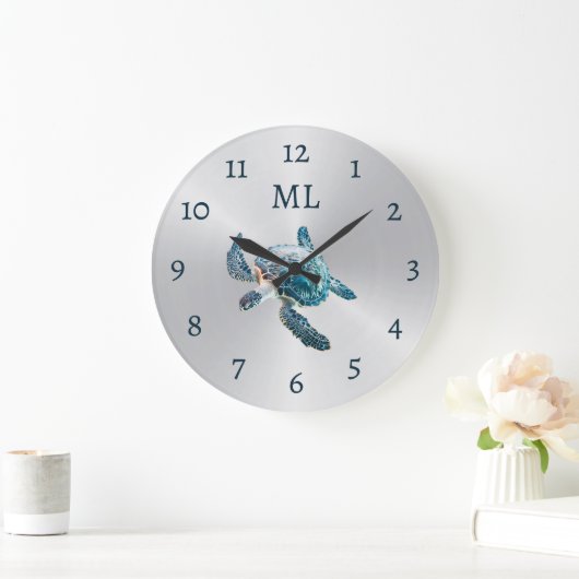 3D Turtle Silver Monogram ラージ壁時計 (ホーム)