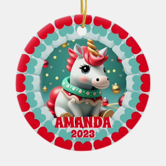 3D Unicornクリスマスカスタム子供写真 セラミックオーナメント (正面)