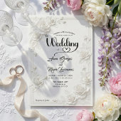 3D White Rose Floral Border Wedding Invitation 招待状