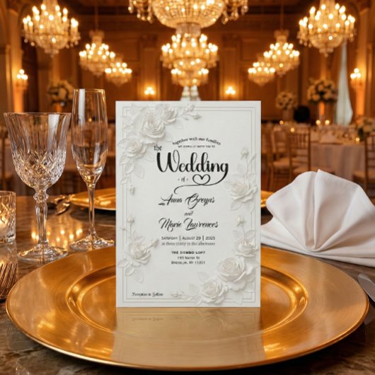 3D White Rose Floral Border Wedding Invitation 招待状