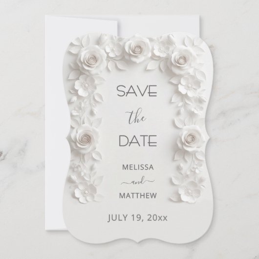 3D White Roses Save The Date Card セーブザデート (正面)